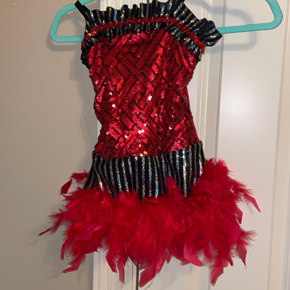 Curtain Call MC red Sequence leotard with feathers